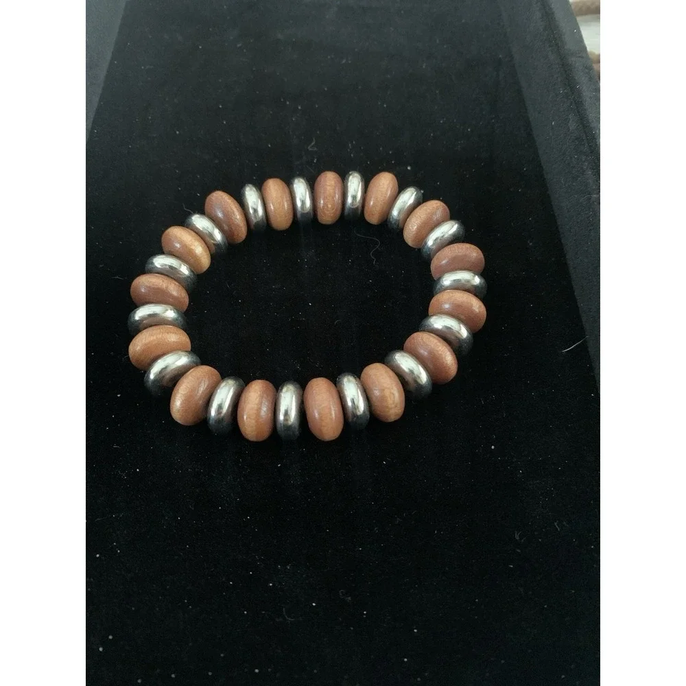 Bohemian Chic Natural Wooden And Silver Tone Metal Beaded Disc Stretch Bracelet